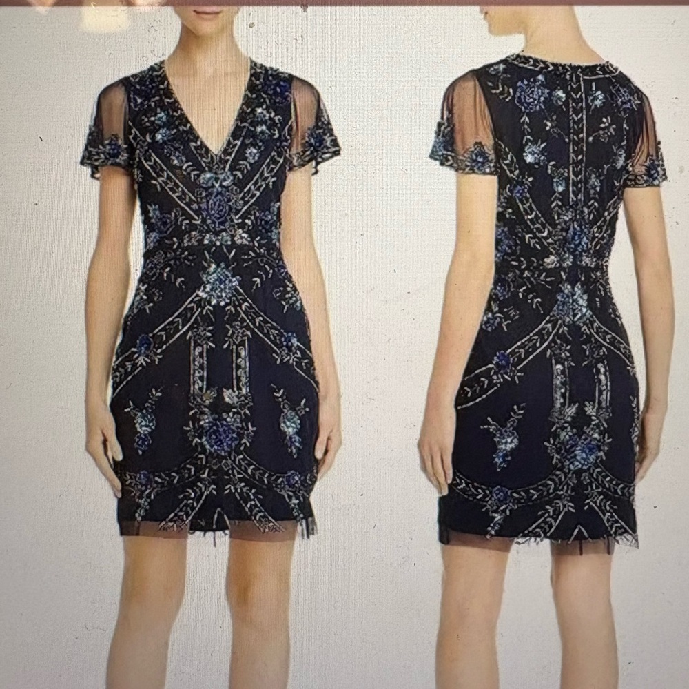 Aidan Mattox Embellished V- Neck Cocktail Dress in Twilight Blue - 10